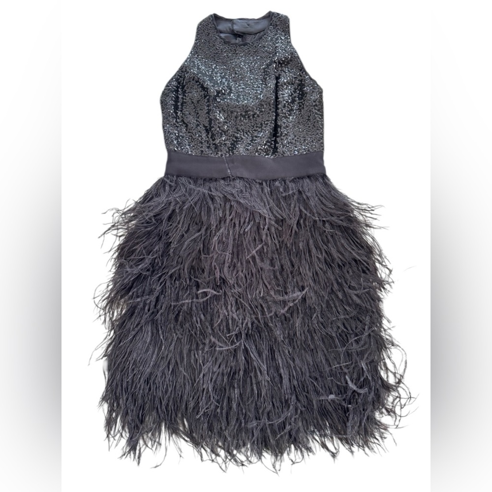 Milly of New York Black Sequin Ostrich Feather Dress
